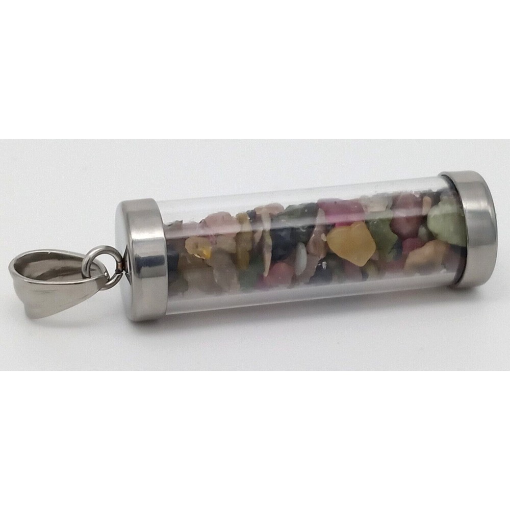 Gemstone Chip Vial Pendant Multicolor Nugget Stainless Steel Silver 316L